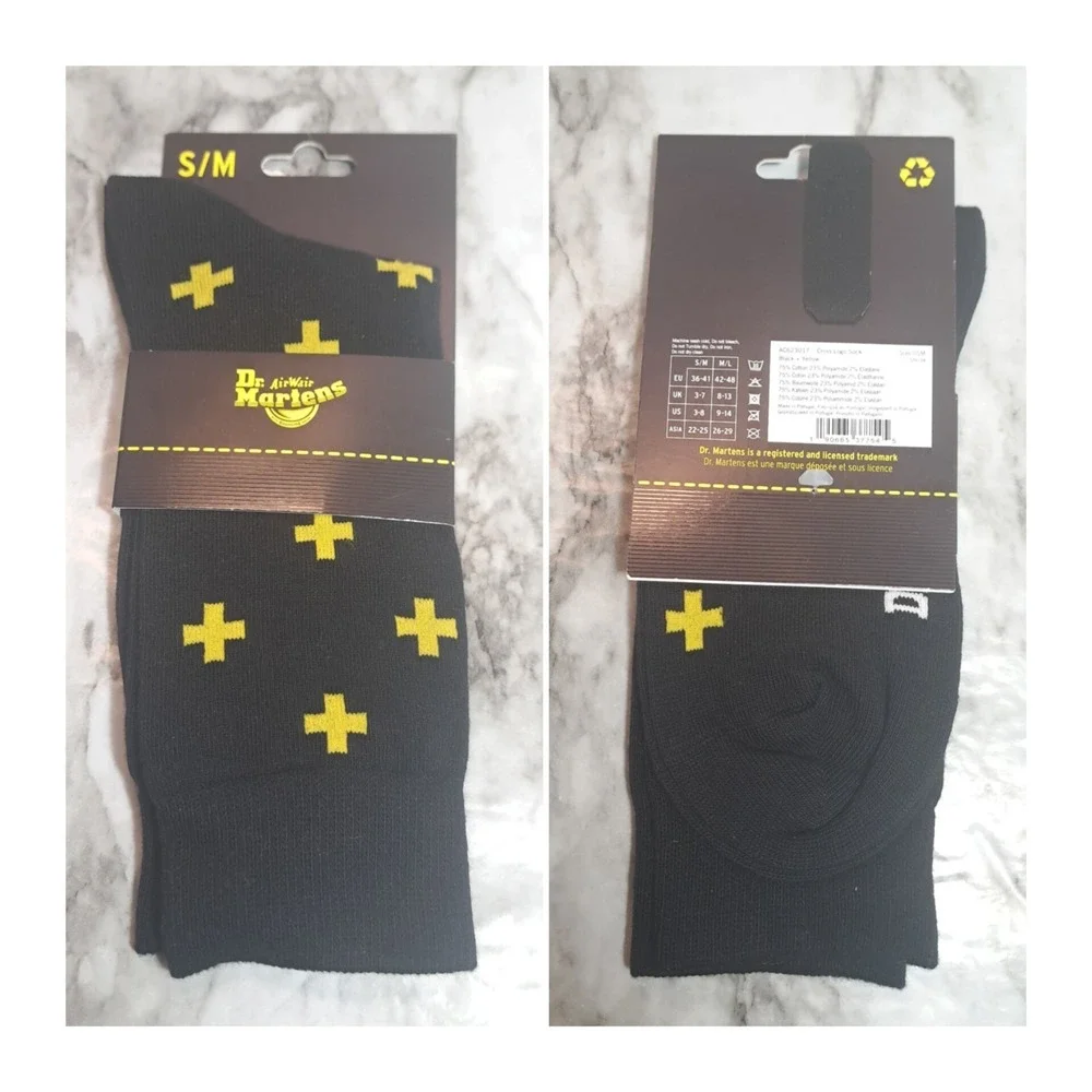 1 Pair Dr. Martens Size S/M (3-8) Cross Logo‎ Socks Black & Yellow